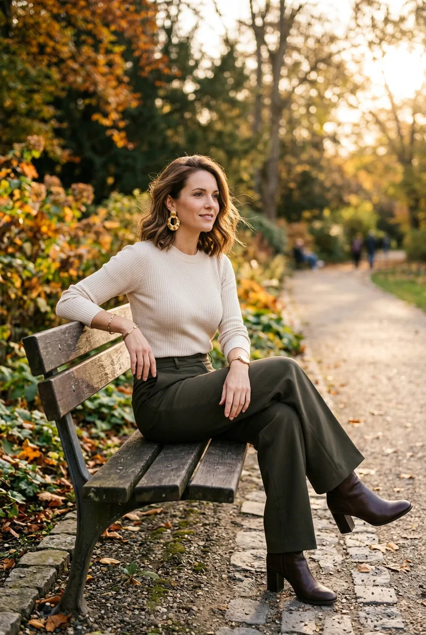 Woman wearing wide-leg trousers and fitted sweater with statement earrings