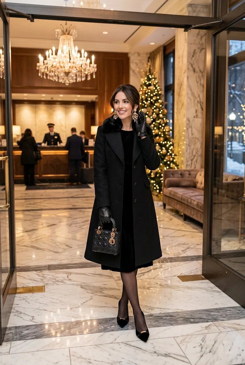 Woman wearing black leather gloves and gold statement earrings holding structured handbag in marble entrance
