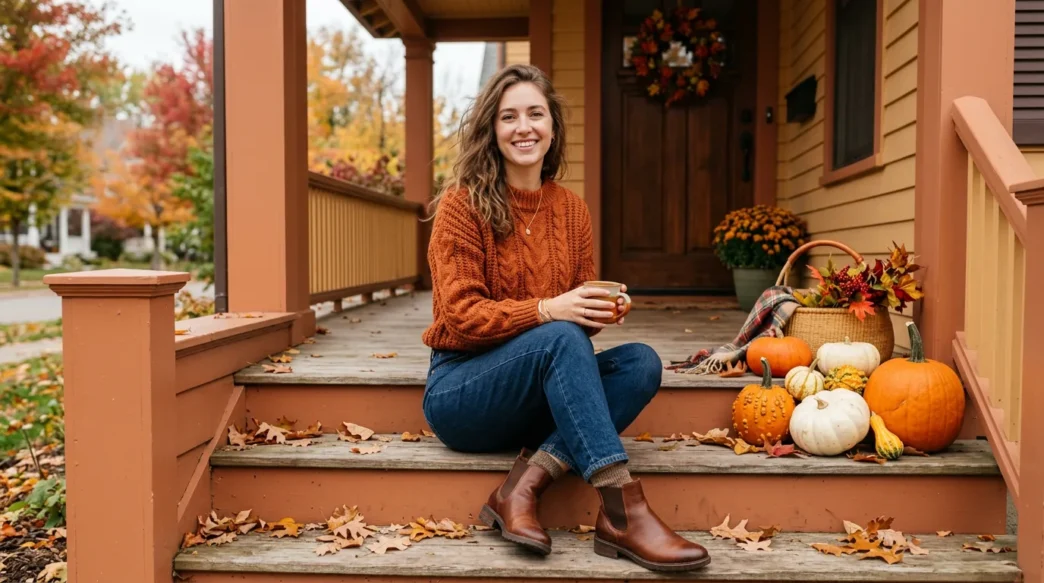 Woman seated on front porch steps wearing cozy fall sweater and ankle boots with autumn pumpkins