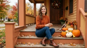 Woman seated on front porch steps wearing cozy fall sweater and ankle boots with autumn pumpkins