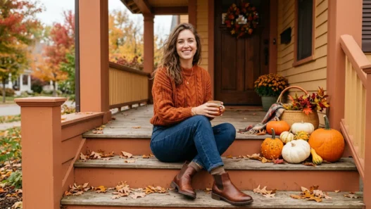 Woman seated on front porch steps wearing cozy fall sweater and ankle boots with autumn pumpkins