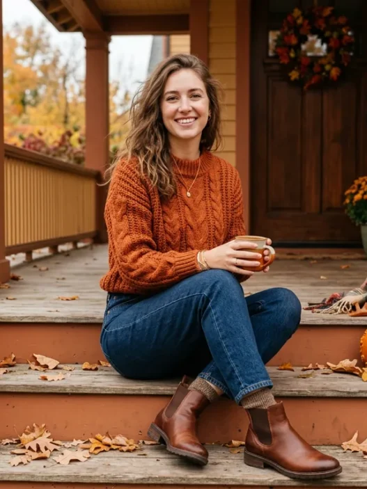 Woman seated on front porch steps wearing cozy fall sweater and ankle boots with autumn pumpkins