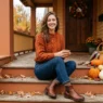 Woman seated on front porch steps wearing cozy fall sweater and ankle boots with autumn pumpkins