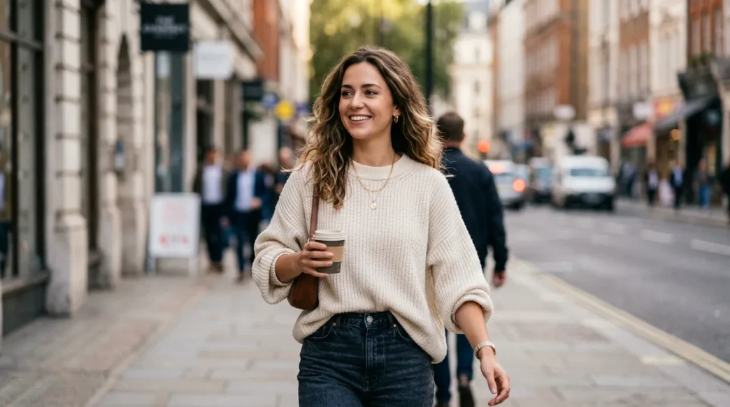 Woman wearing high-waisted jeans and oversized cream sweater with gold necklace walking on city street