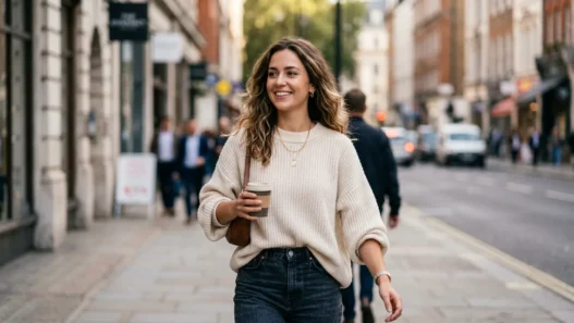 Woman wearing high-waisted jeans and oversized cream sweater with gold necklace walking on city street