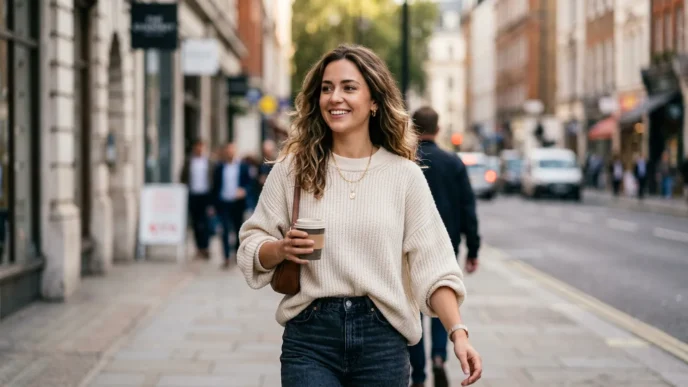 Woman wearing high-waisted jeans and oversized cream sweater with gold necklace walking on city street
