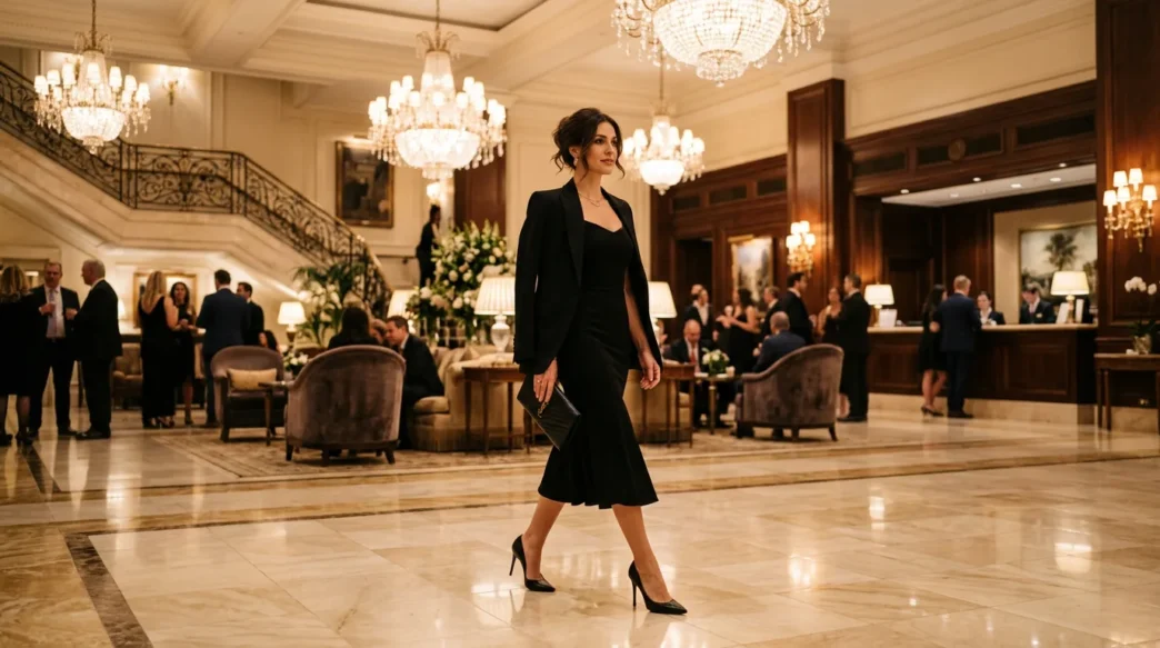 Woman in elegant evening outfit crossing luxurious hotel lobby with marble floors and chandeliers