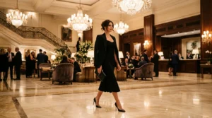 Woman in elegant evening outfit crossing luxurious hotel lobby with marble floors and chandeliers