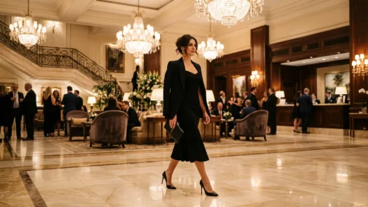 Woman in elegant evening outfit crossing luxurious hotel lobby with marble floors and chandeliers