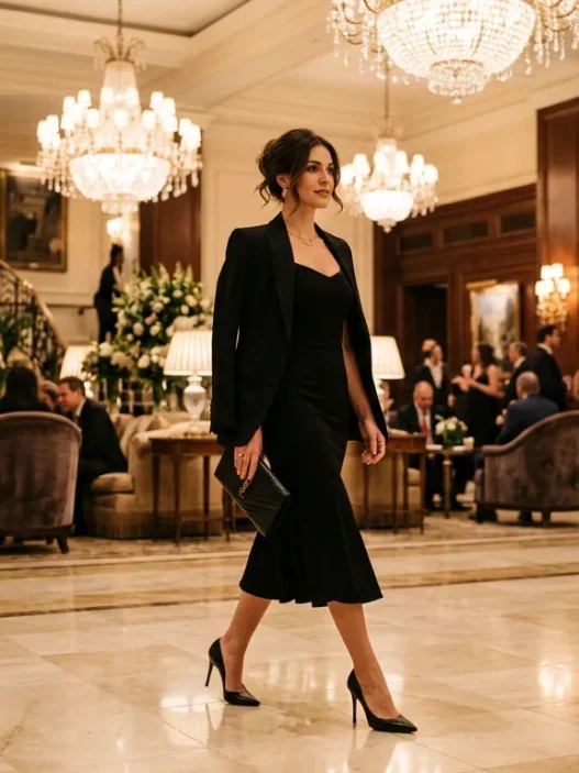 Woman in elegant evening outfit crossing luxurious hotel lobby with marble floors and chandeliers