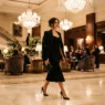 Woman in elegant evening outfit crossing luxurious hotel lobby with marble floors and chandeliers