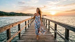 Woman in flowing summer dress walking on wooden pier over water during golden hour
