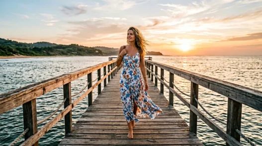 Woman in flowing summer dress walking on wooden pier over water during golden hour