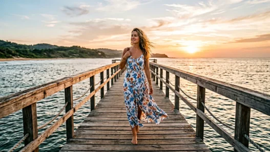 Woman in flowing summer dress walking on wooden pier over water during golden hour