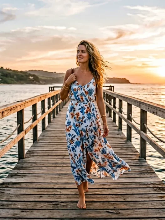 Woman in flowing summer dress walking on wooden pier over water during golden hour