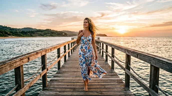 Woman in flowing summer dress walking on wooden pier over water during golden hour