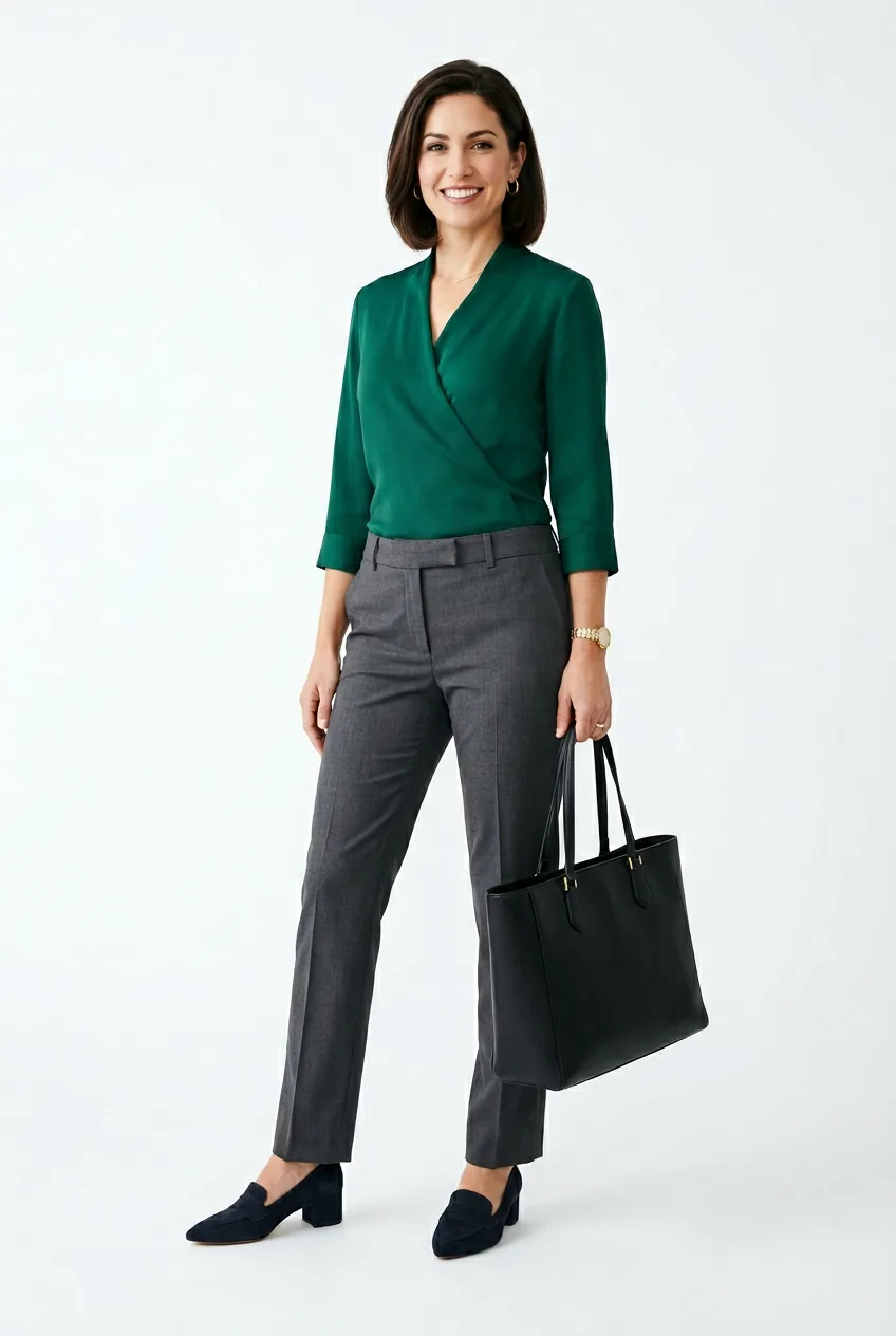 Woman in jewel-tone wrap blouse tucked into straight-leg charcoal trousers for business lunch
