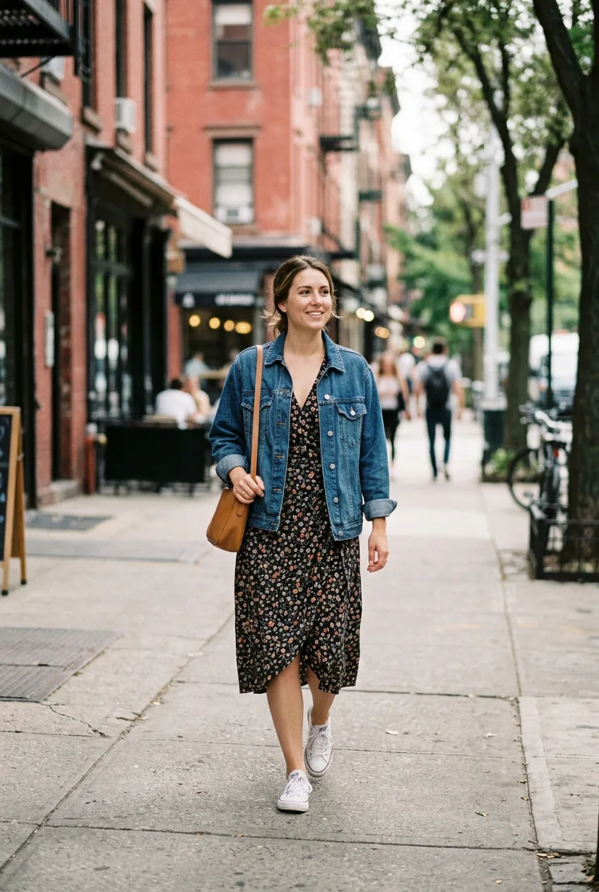 Woman in wrap dress and denim jacket walking casually on city sidewalk