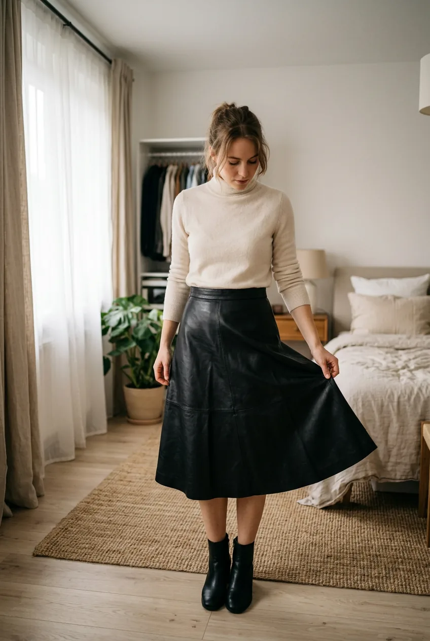 Woman showing A-line leather skirt flared hem shape while standing in a softly lit bedroom