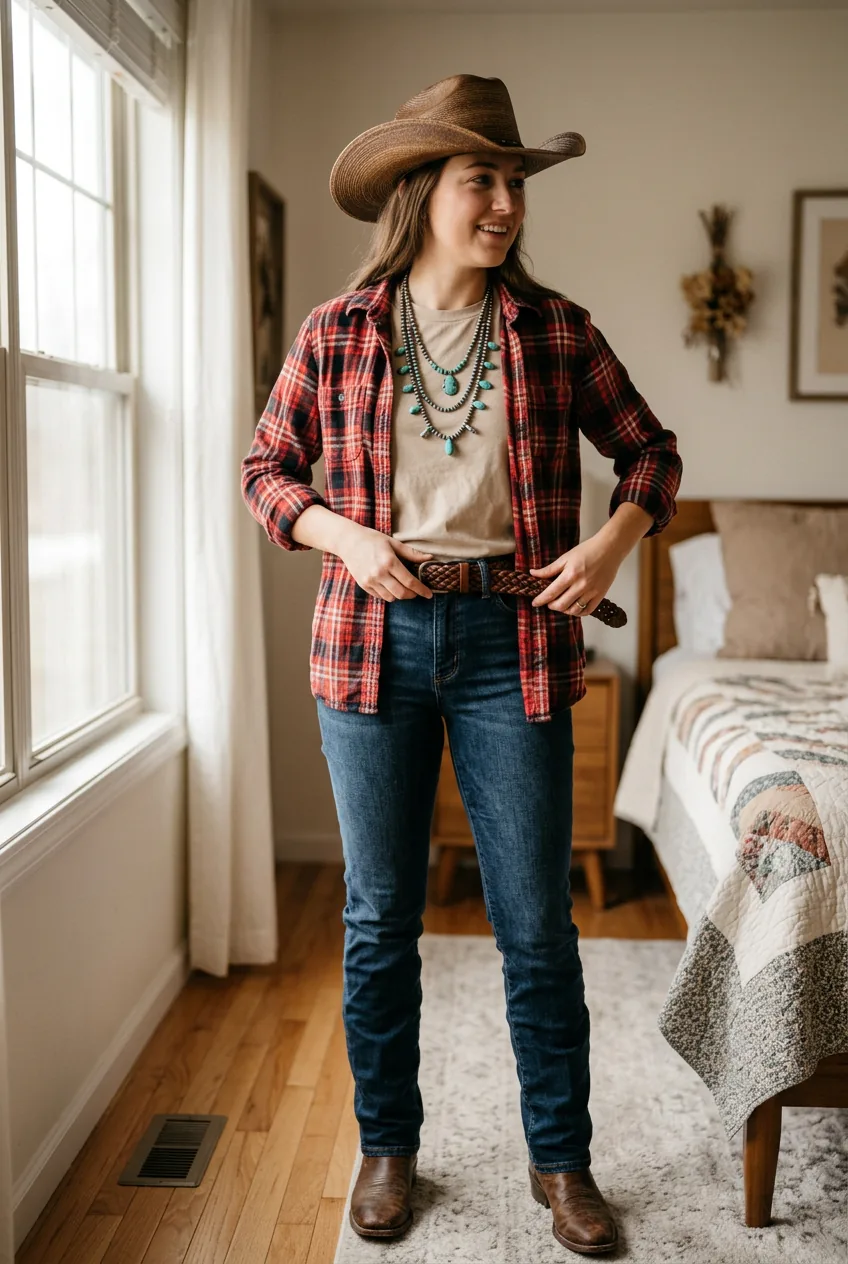 Woman wearing complete layered western outfit with braided belt turquoise necklace and straw hat cinched at waist
