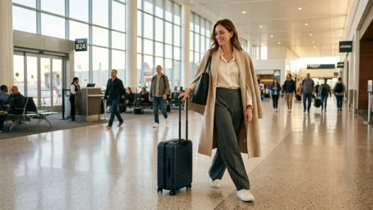 Woman in wide-leg trousers and longline coat pulling carry-on through bright airport terminal