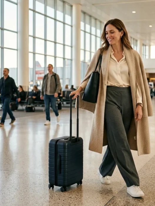 Woman in wide-leg trousers and longline coat pulling carry-on through bright airport terminal