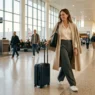 Woman in wide-leg trousers and longline coat pulling carry-on through bright airport terminal