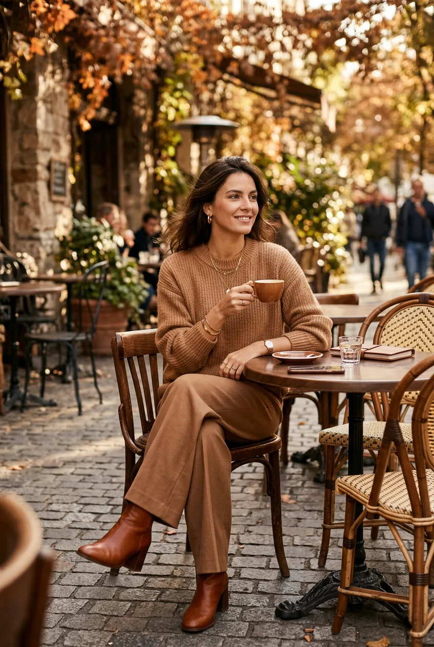Woman in an all-brown monochrome autumn outfit sitting at an outdoor cafe table in warm afternoon light