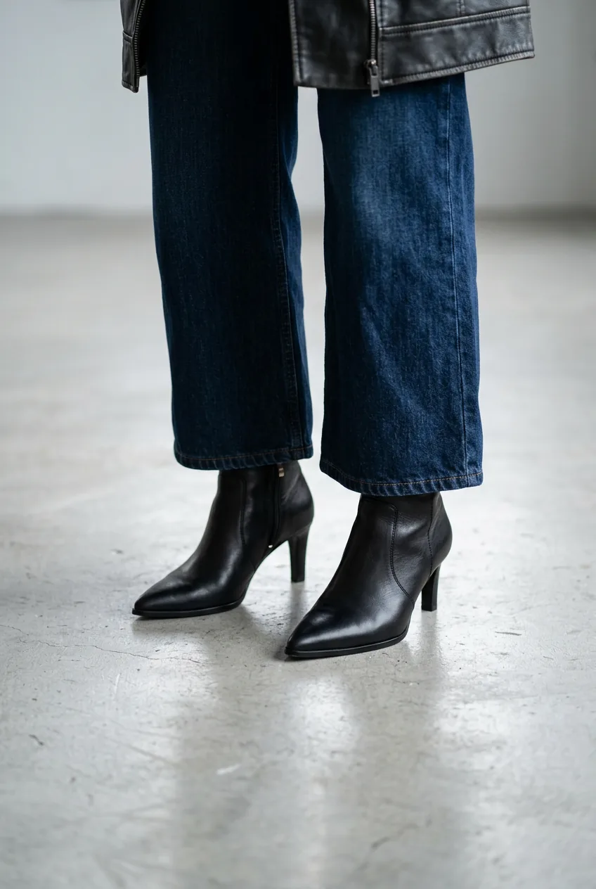 Low-angle detail shot of pointed-toe ankle boots and wide-leg dark denim jeans with black leather jacket hem above