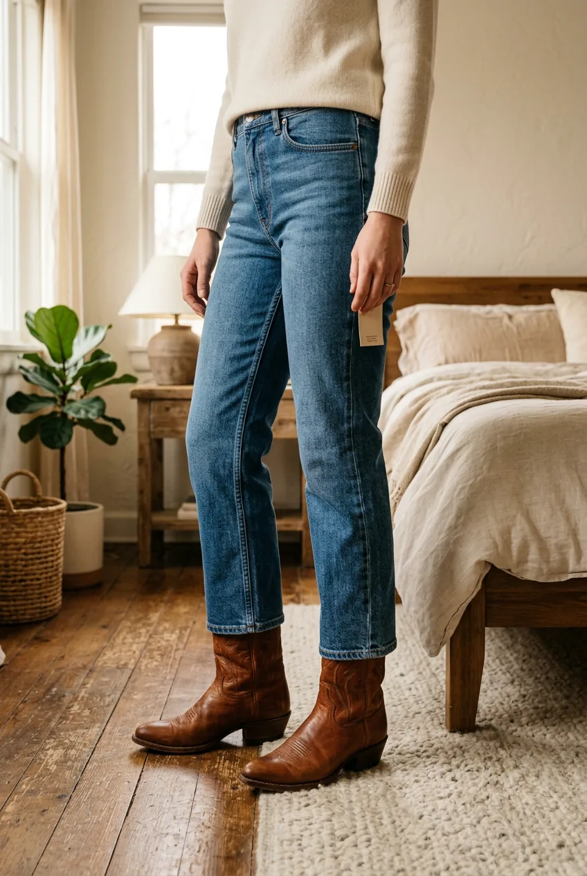 Woman wearing ankle-crop straight-leg mid-wash jeans with cognac cowboy boots visible beneath the hem