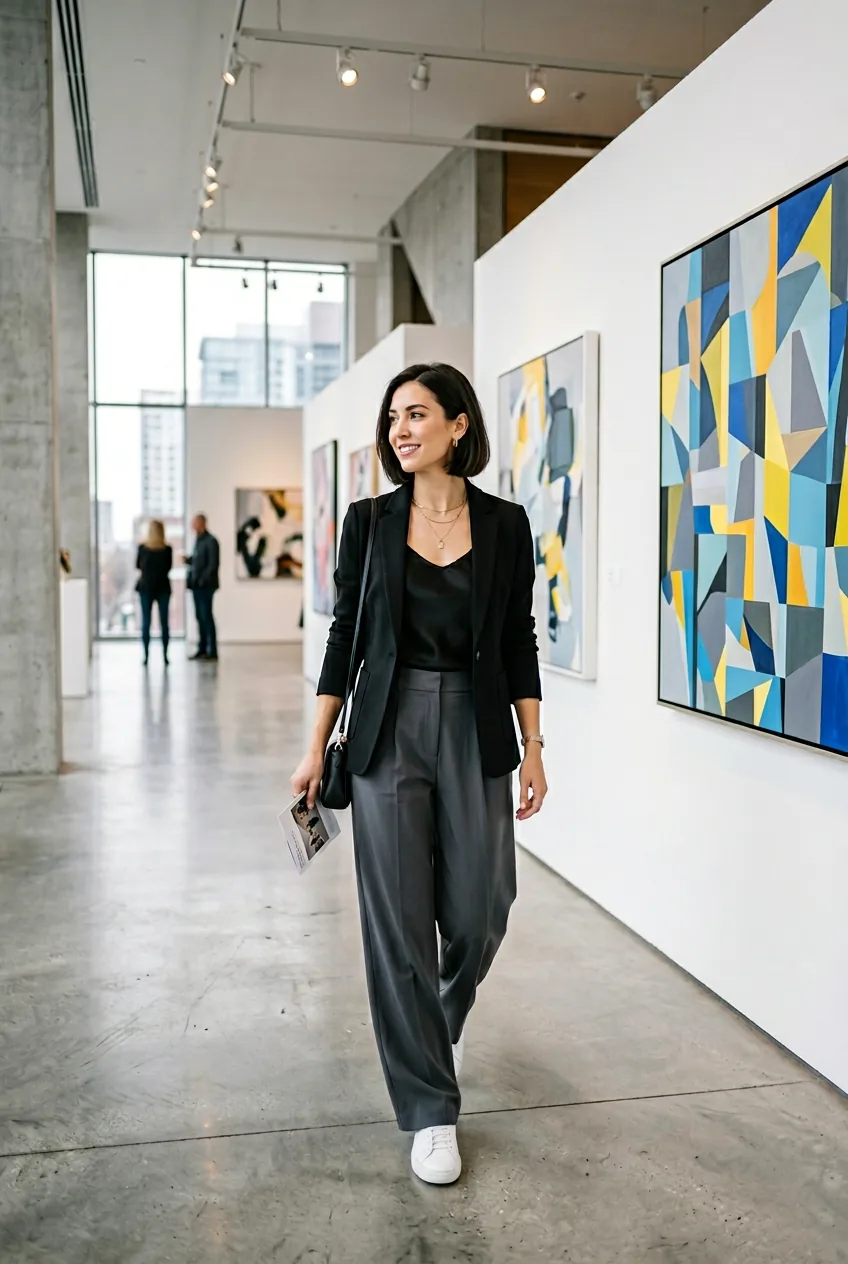 Woman in sophisticated black ponte blazer and technical trousers styled for Miami art gallery events