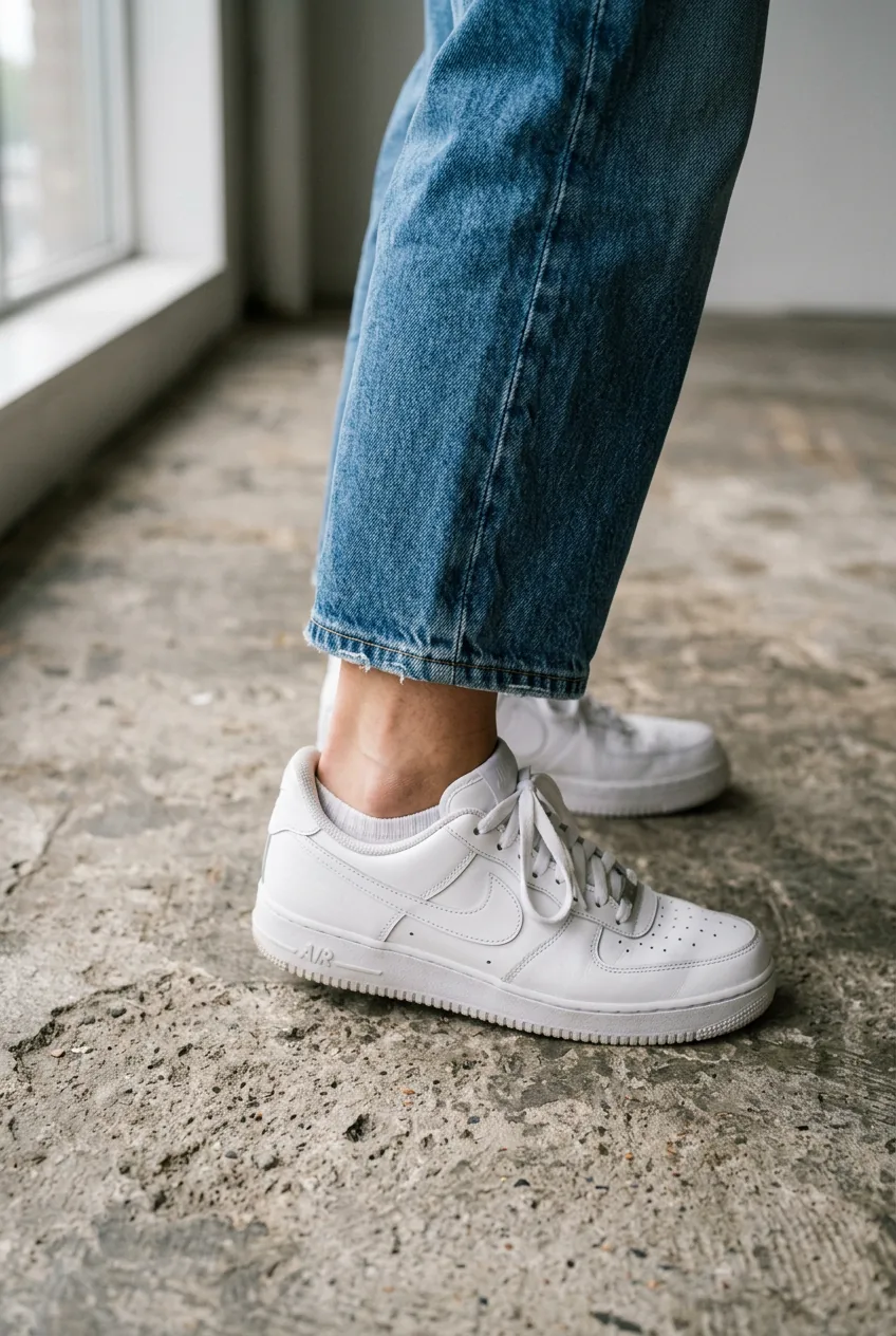 Close-up of baggy jean hem hitting at ankle bone with white sneakers on concrete floor
