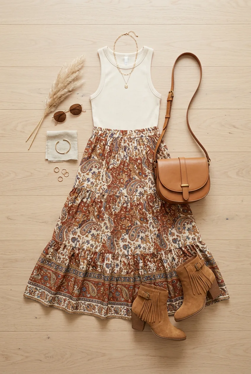 Balanced boho chic outfit demonstrating proportional mixing of fitted and flowing elements