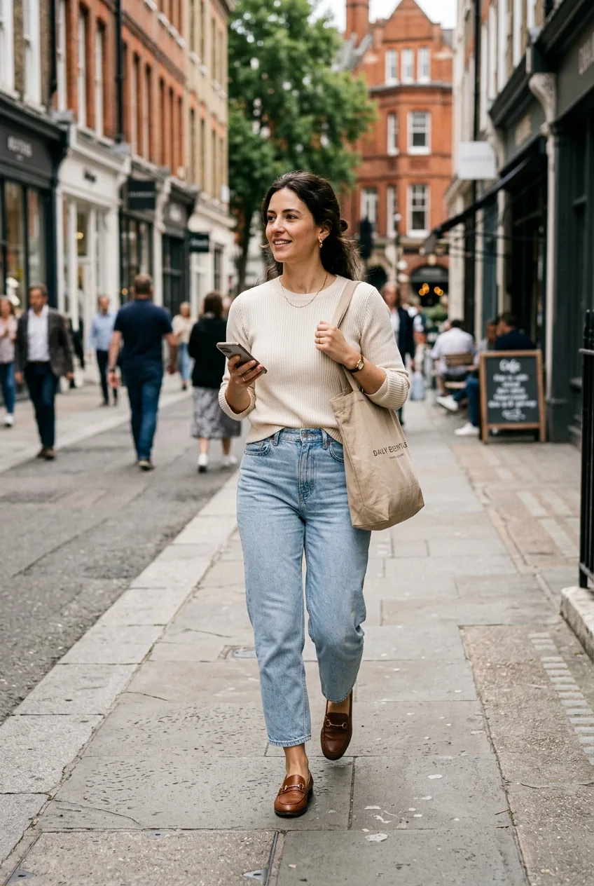 Woman in barrel-leg light-wash jeans and half-tucked cream ribbed knit top with brown loafers in city setting