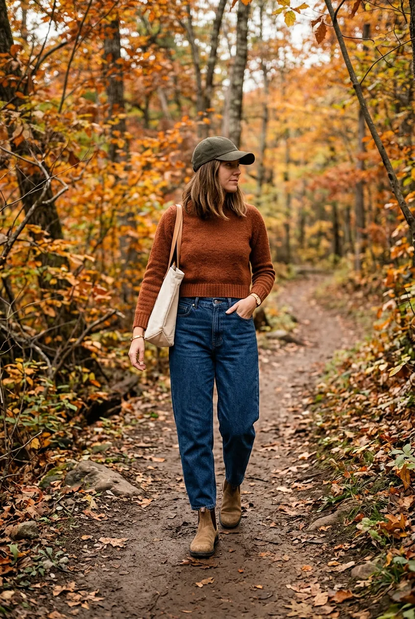 Woman wearing barrel-leg jeans, cropped rust knit, baseball cap and suede Chelsea boots on a sunlit forest trail