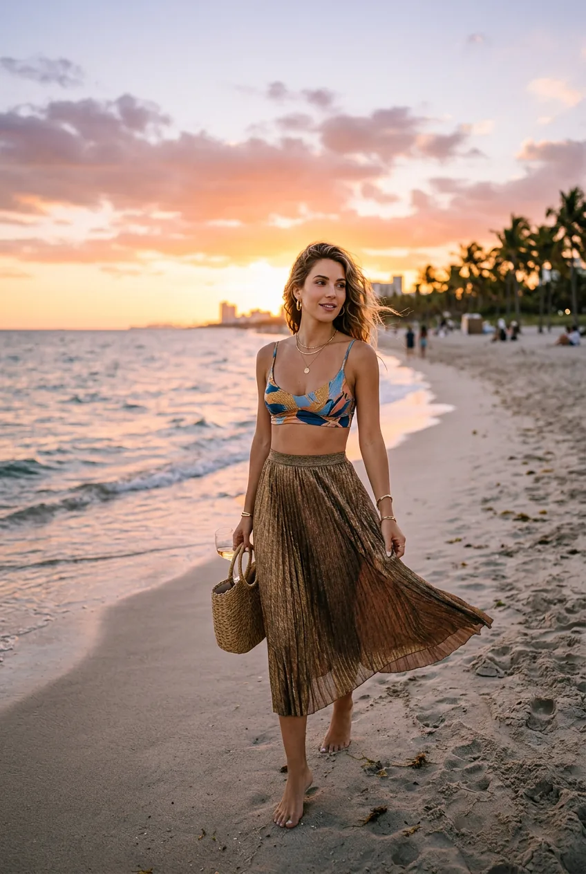 Woman in bikini styled as crop top with metallic-thread midi skirt transitioning from beach to evening