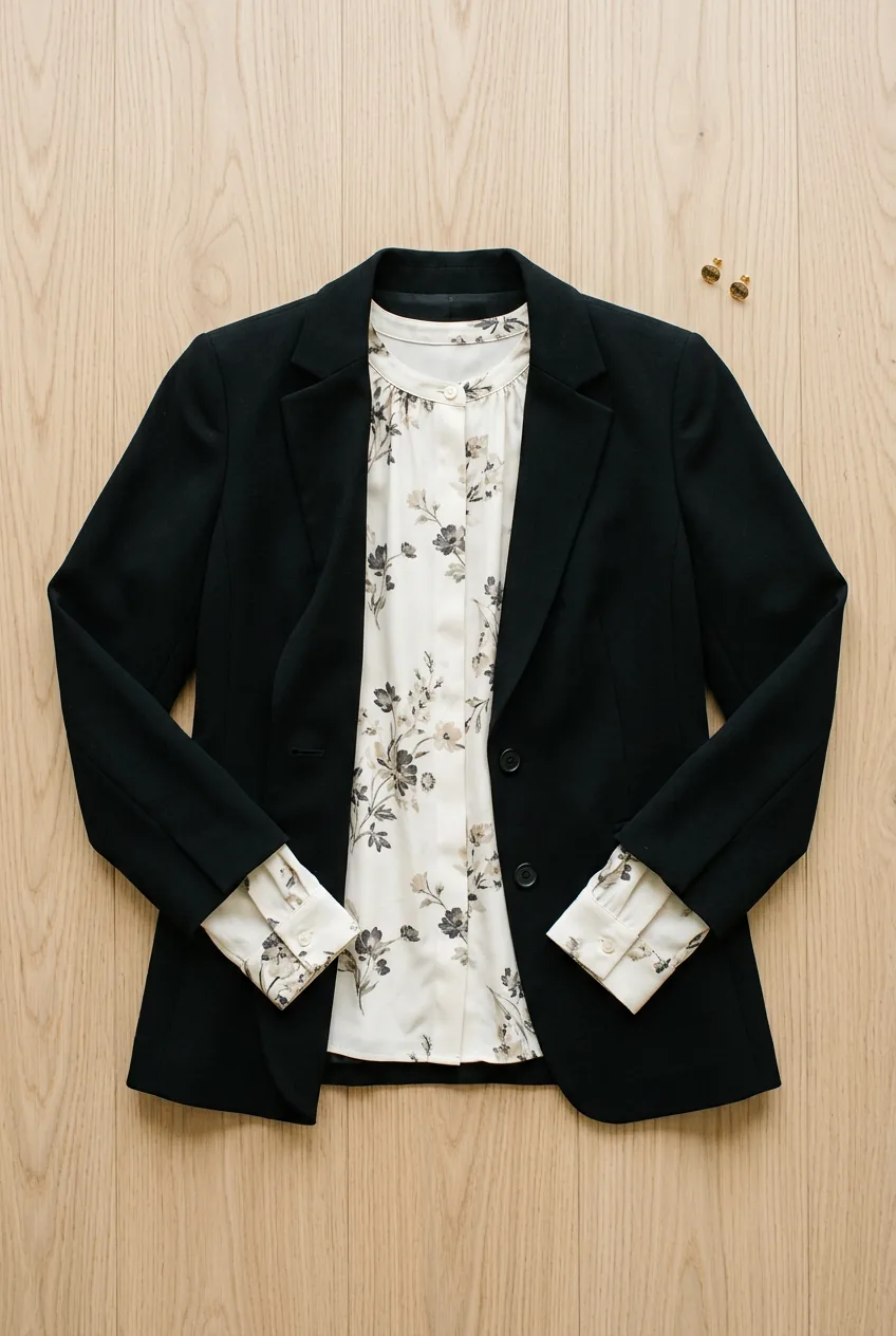 Overhead flat lay of structured black blazer layered open over ivory printed blouse with gold earrings as accent