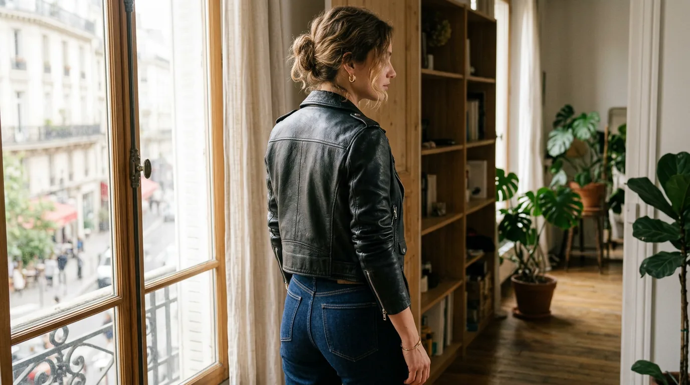 Woman in fitted black leather moto jacket standing near window with soft natural light showing full shoulder-to-hip silhouette