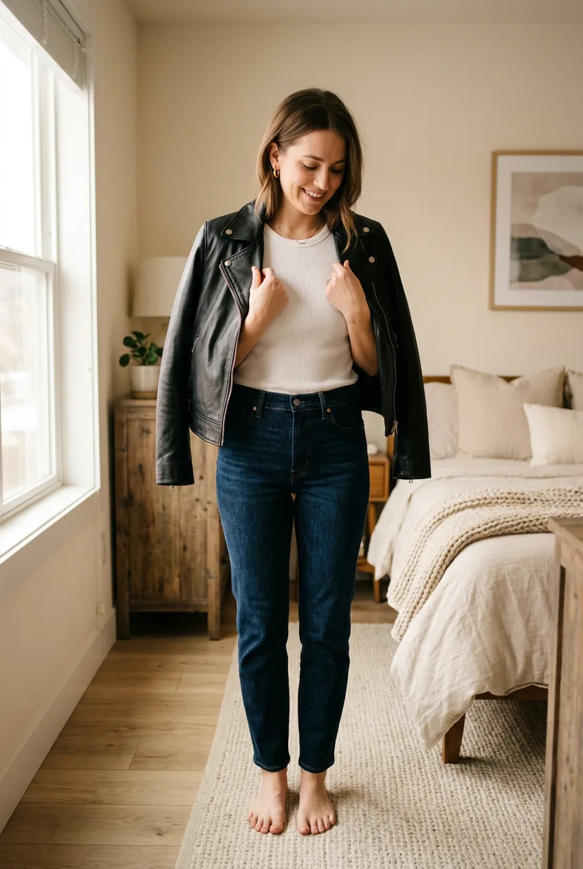 Woman placing a classic black moto leather jacket onto her shoulders over a white base layer and dark jeans, adjusting the collar