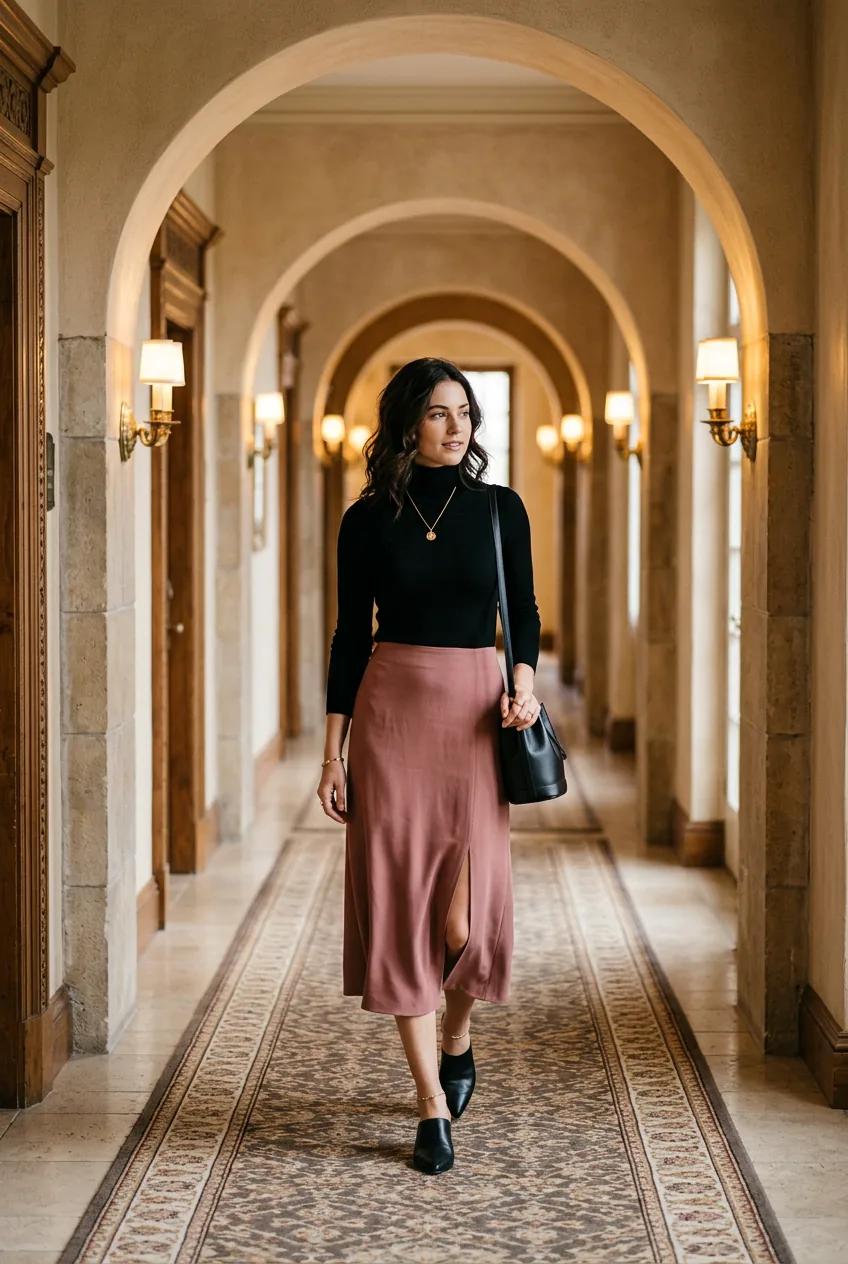 Woman in a fitted black turtleneck tucked into a dusty rose midi skirt with front slit and black pointed mules