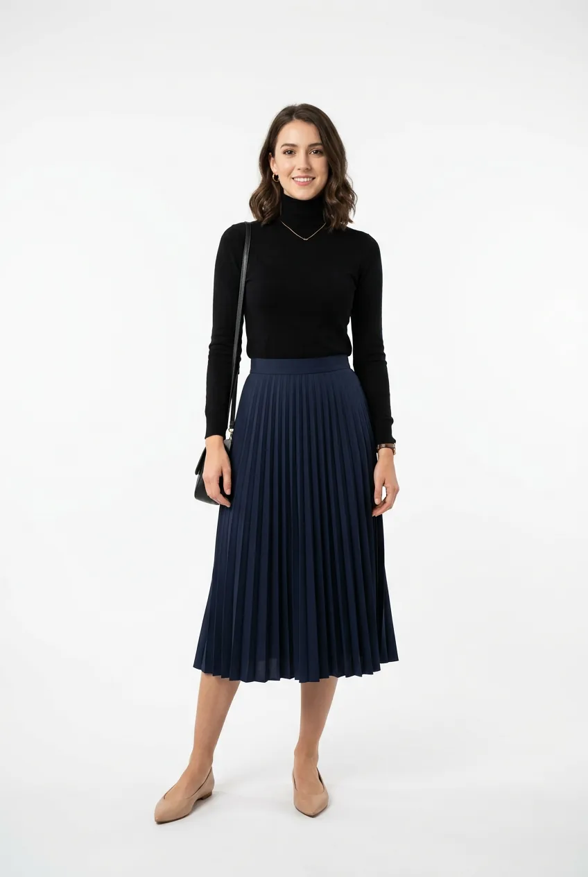 Woman wearing black fitted turtleneck tucked into navy pleated midi skirt