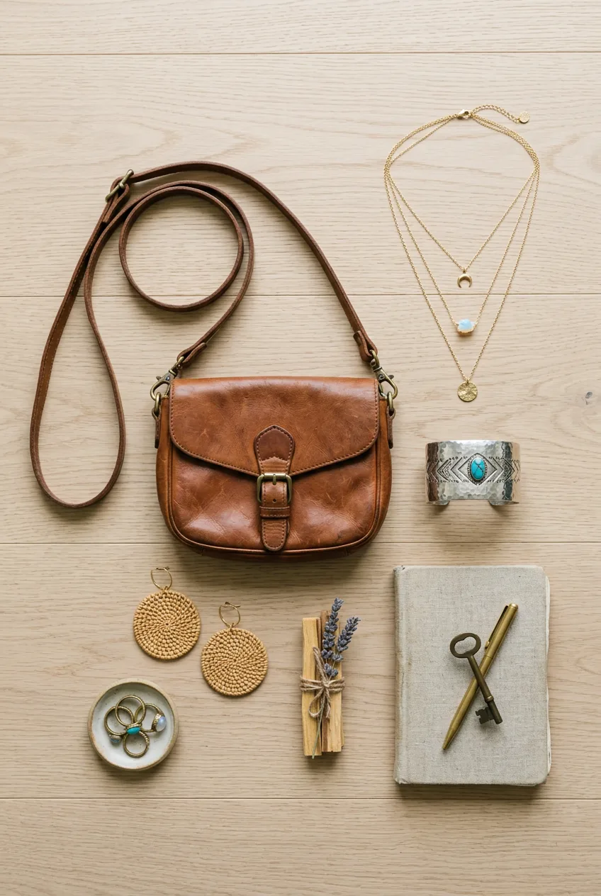 Curated boho accessories including chunky silver cuff, gold necklaces and vintage leather crossbody bag