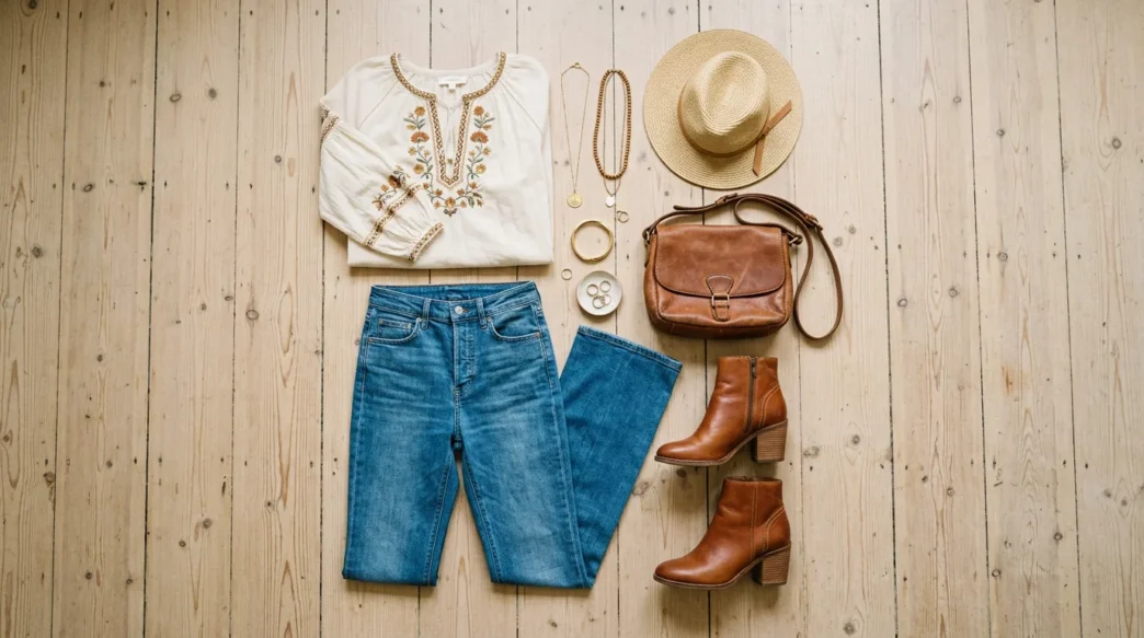 Complete boho chic outfit flat lay with peasant blouse, flared jeans, ankle boots and accessories on wood floor