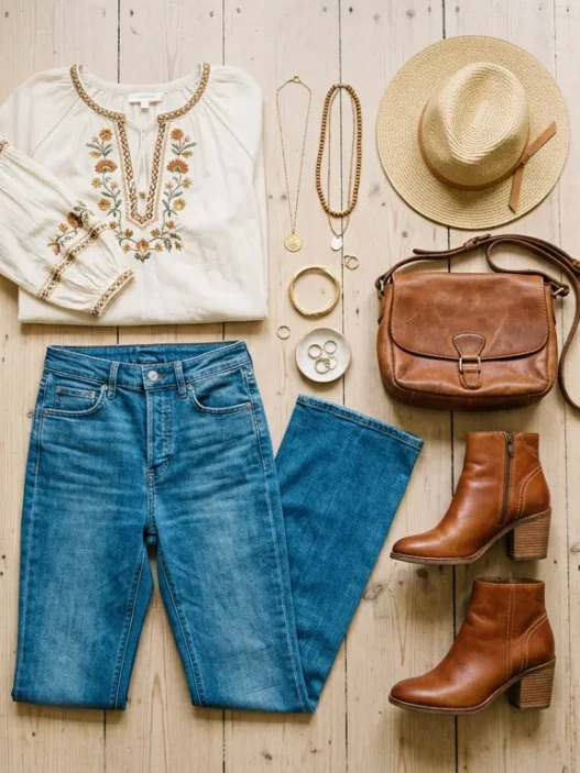 Complete boho chic outfit flat lay with peasant blouse, flared jeans, ankle boots and accessories on wood floor