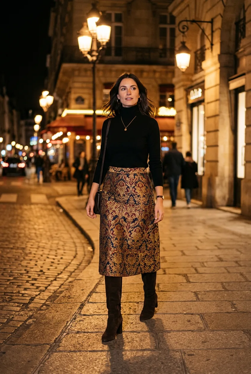 Woman in brocade midi skirt with turtleneck and knee-high suede boots on city street at night
