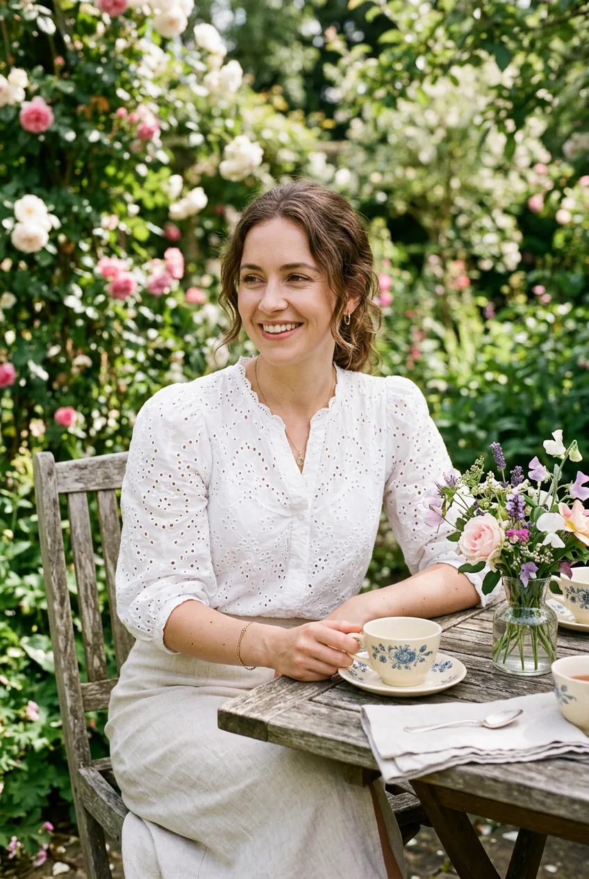 Woman in broderie anglaise blouse and linen skirt leaning over garden table with teacups and flowers