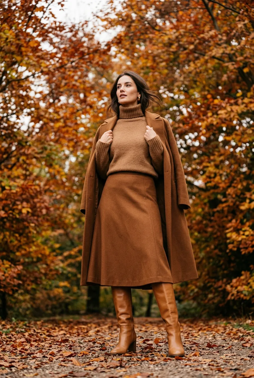 Woman in a tobacco-brown wool midi skirt with knee-high tan boots and camel turtleneck standing against autumn foliage