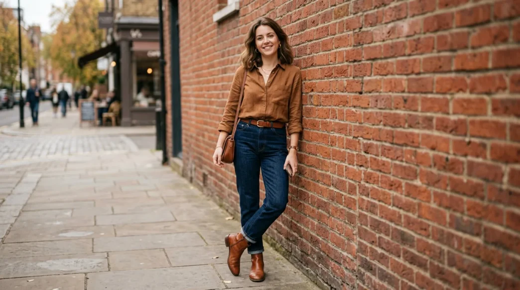 Woman in brown shirt outfit with dark denim and cognac boots leaning against a red brick wall in soft daylight