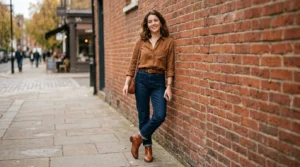 Woman in brown shirt outfit with dark denim and cognac boots leaning against a red brick wall in soft daylight