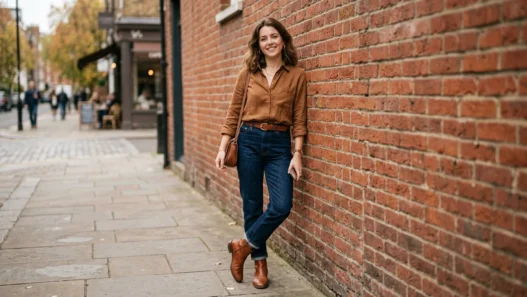 Woman in brown shirt outfit with dark denim and cognac boots leaning against a red brick wall in soft daylight